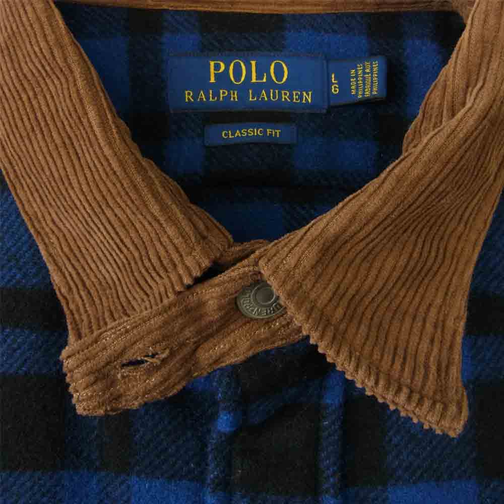 POLO RALPH LAUREN ポロ・ラルフローレン 襟 コーデュロイ チンストラップ ウール チェック シャツ ジャケット ブラック系 ブルー系 L【中古】