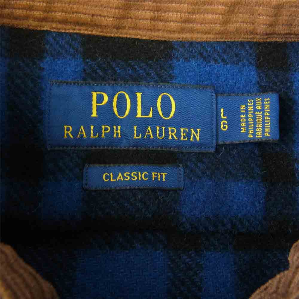 POLO RALPH LAUREN ポロ・ラルフローレン 襟 コーデュロイ チンストラップ ウール チェック シャツ ジャケット ブラック系 ブルー系 L【中古】