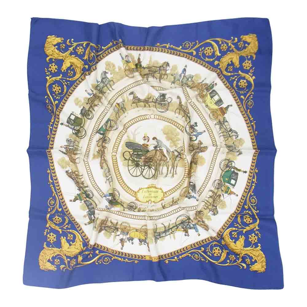 HERMES エルメス カレ90 ロンシャンへの散歩 LA PROMENADE DE LONGCHAMPS ブルー系【中古】