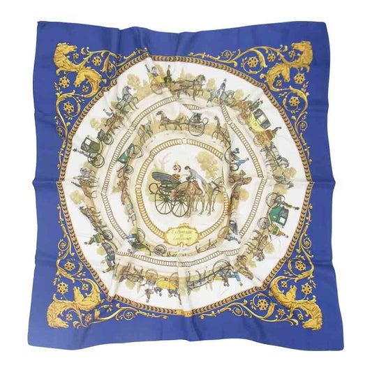 HERMES エルメス カレ90 ロンシャンへの散歩 LA PROMENADE DE LONGCHAMPS ブルー系【中古】