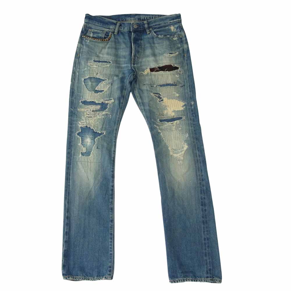 HYSTERIC GLAMOUR ヒステリックグラマー 0263AP14 REMAKE加工 ダメージ リペア スタッズ デニム パンツ インディゴブルー系 31【中古】