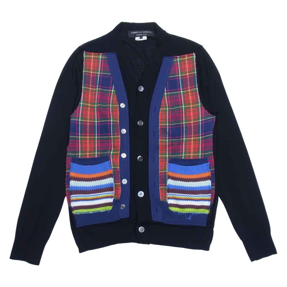 COMME des GARCONS コムデギャルソン HOMME PLUS PE-N002 AD2009 オムプリュス パッチワーク 切替 ウール チェック カーディガン ブラック系 M【中古】