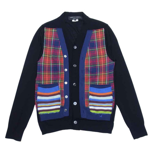 COMME des GARCONS コムデギャルソン HOMME PLUS PE-N002 AD2009 オムプリュス パッチワーク 切替 ウール チェック カーディガン ブラック系 M【中古】