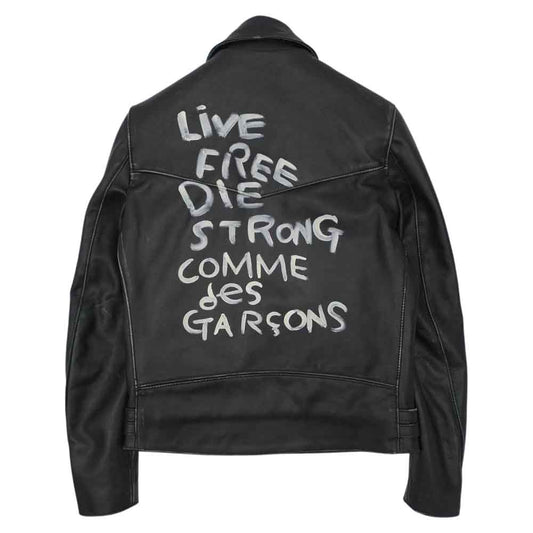 COMME des GARCONS コムデギャルソン Lewis Leathers KZ-J001 AD2017 LIGHTNING Tight Fit 391T LIVE FREE DIE STRONG ルイスレザー ライトニング タイトフィット ダメージ加工 バックペイント カウレザー ダブルライダース ジャケット ブラック系 38【新古品】【未使用】【中古】