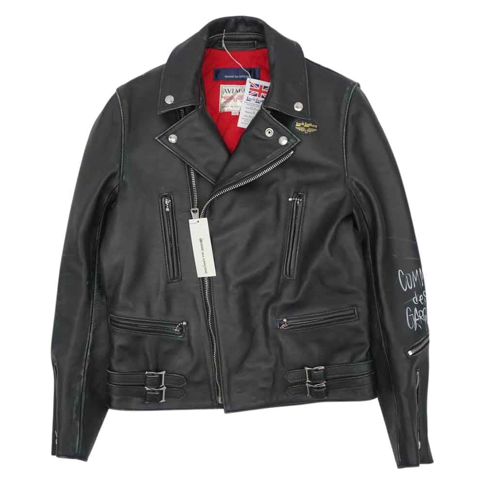 COMME des GARCONS コムデギャルソン Lewis Leathers KZ-J001 AD2017 LIGHTNING Tight Fit 391T LIVE FREE DIE STRONG ルイスレザー ライトニング タイトフィット ダメージ加工 バックペイント カウレザー ダブルライダース ジャケット ブラック系 38【新古品】【未使用】【中古】