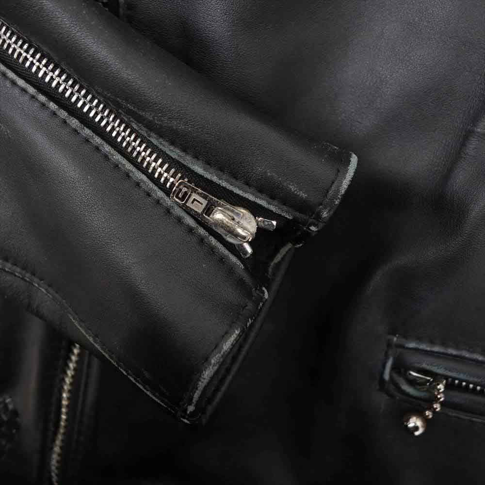 COMME des GARCONS コムデギャルソン Lewis Leathers KZ-J001 AD2017 LIGHTNING Tight Fit 391T LIVE FREE DIE STRONG ルイスレザー ライトニング タイトフィット ダメージ加工 バックペイント カウレザー ダブルライダース ジャケット ブラック系 38【新古品】【未使用】【中古】