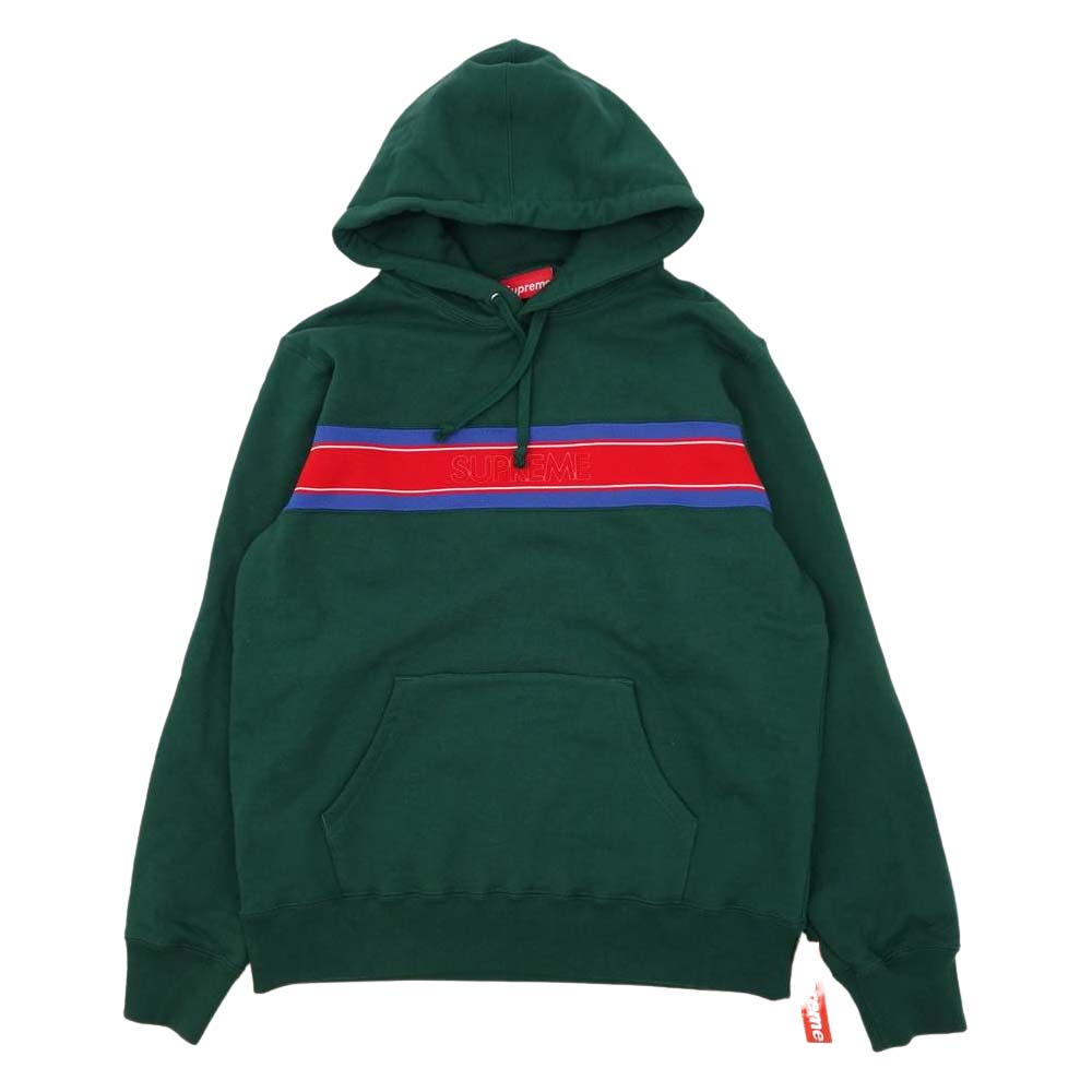 Supreme シュプリーム 19SS Chest Stripe Logo Hooded Sweatshirt チェスト ストライプ ロゴ フーデッド スウェット パーカー ダークグリーン系 M【新古品】【未使用】【中古】