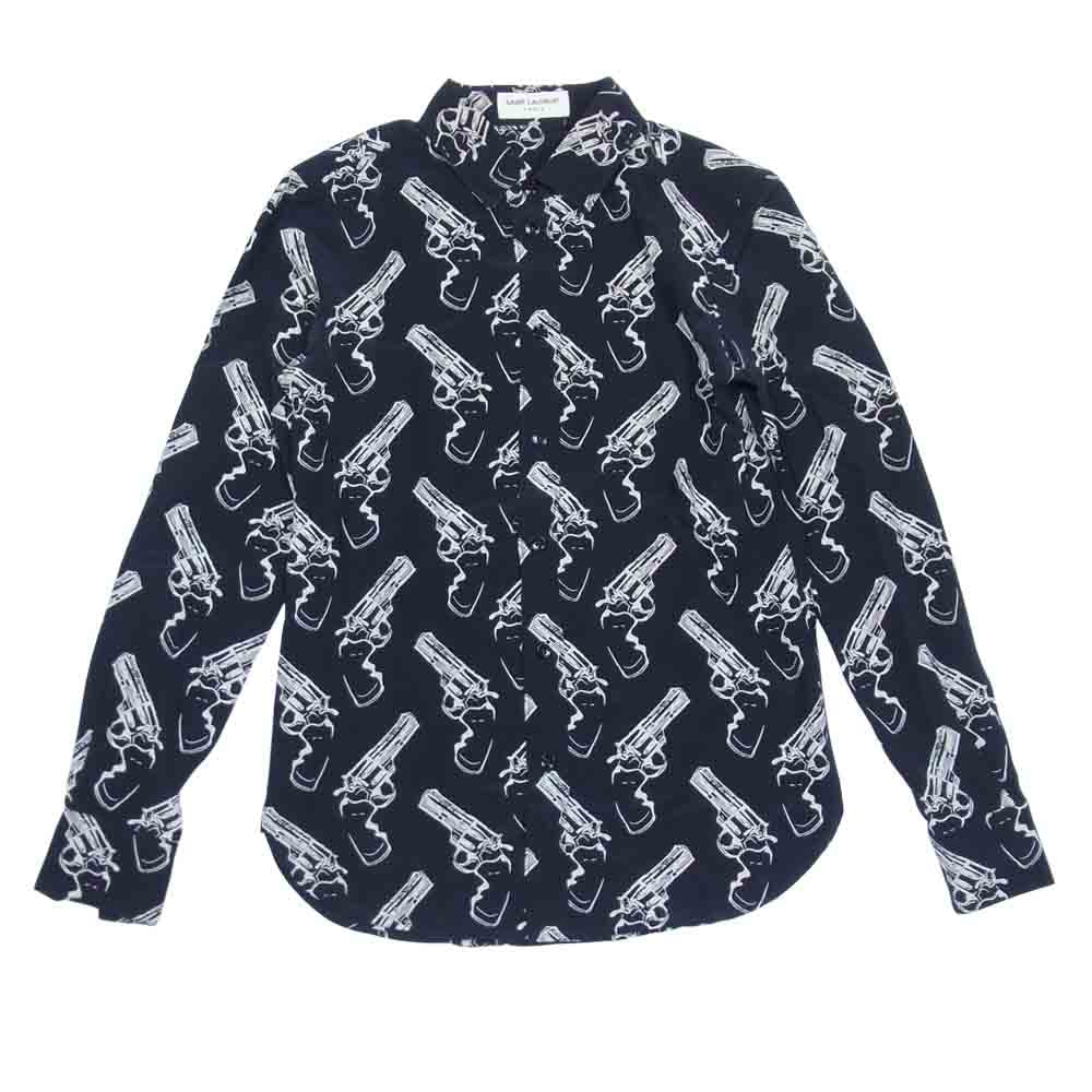 SAINT LAURENT サンローラン エディ期 国内正規品 14AW 364263 Y335F 総柄ガンプリント 拳銃柄 シルク100% シャツ ブラック系 表記無し【美品】【中古】