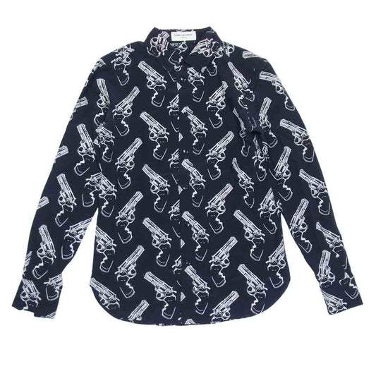 SAINT LAURENT サンローラン エディ期 国内正規品 14AW 364263 Y335F 総柄ガンプリント 拳銃柄 シルク100% シャツ ブラック系 表記無し【美品】【中古】