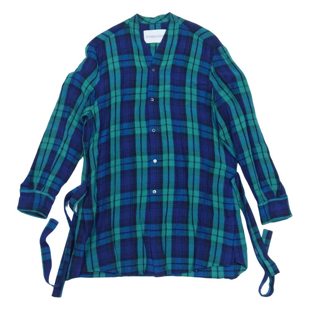 フィックスステュディオス 16SS SS16-M046 HIM SHIRT リネンレーヨン チェック柄 ノーカラー ベルテッド ロングシャツ グリーン系 S【中古】