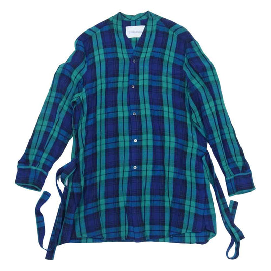 フィックスステュディオス 16SS SS16-M046 HIM SHIRT リネンレーヨン チェック柄 ノーカラー ベルテッド ロングシャツ グリーン系 S【中古】