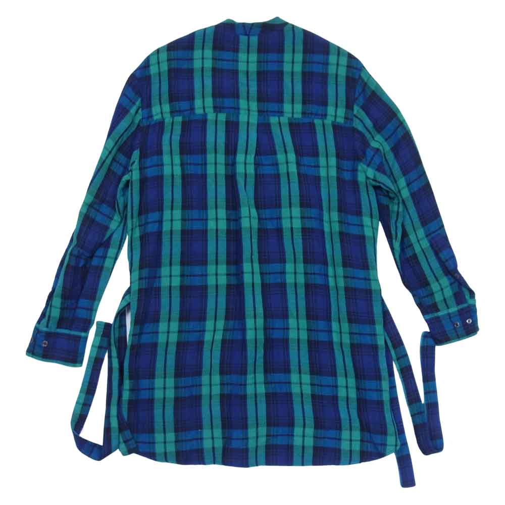 フィックスステュディオス 16SS SS16-M046 HIM SHIRT リネンレーヨン チェック柄 ノーカラー ベルテッド ロングシャツ グリーン系 S【中古】