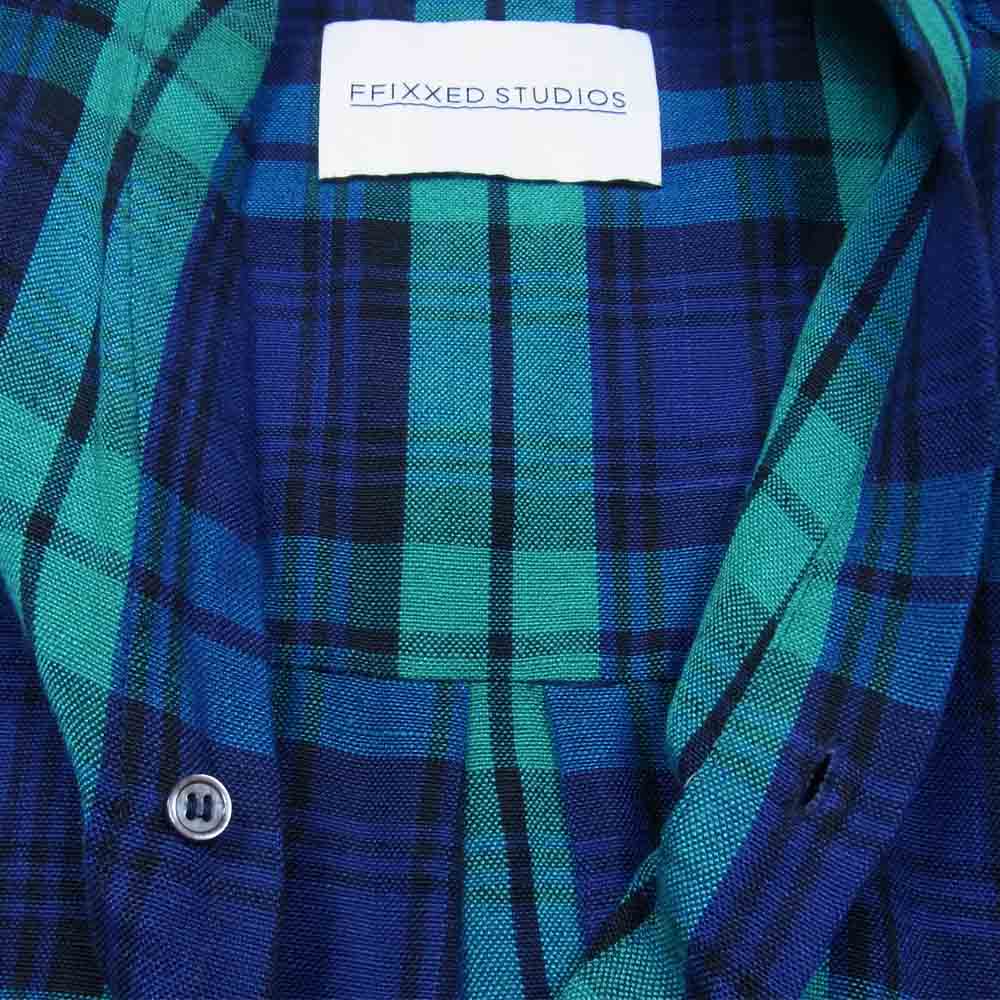 フィックスステュディオス 16SS SS16-M046 HIM SHIRT リネンレーヨン チェック柄 ノーカラー ベルテッド ロングシャツ グリーン系 S【中古】