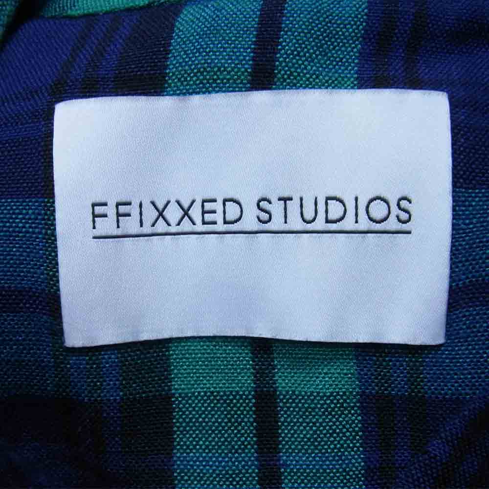 フィックスステュディオス 16SS SS16-M046 HIM SHIRT リネンレーヨン チェック柄 ノーカラー ベルテッド ロングシャツ グリーン系 S【中古】