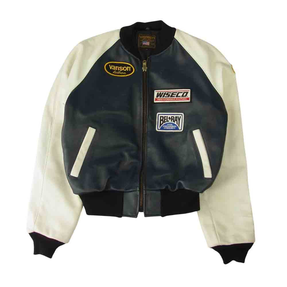 VANSON バンソン USA製 TJP レザー ジャケット スタジャン スタジアム ジャケット ライダース ジャケット ホワイト系 ネイビー系 38【中古】