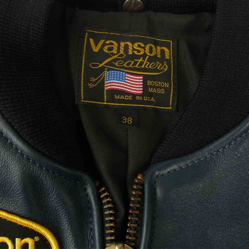 VANSON バンソン USA製 TJP レザー ジャケット スタジャン スタジアム ジャケット ライダース ジャケット ホワイト系 ネイビー系 38【中古】