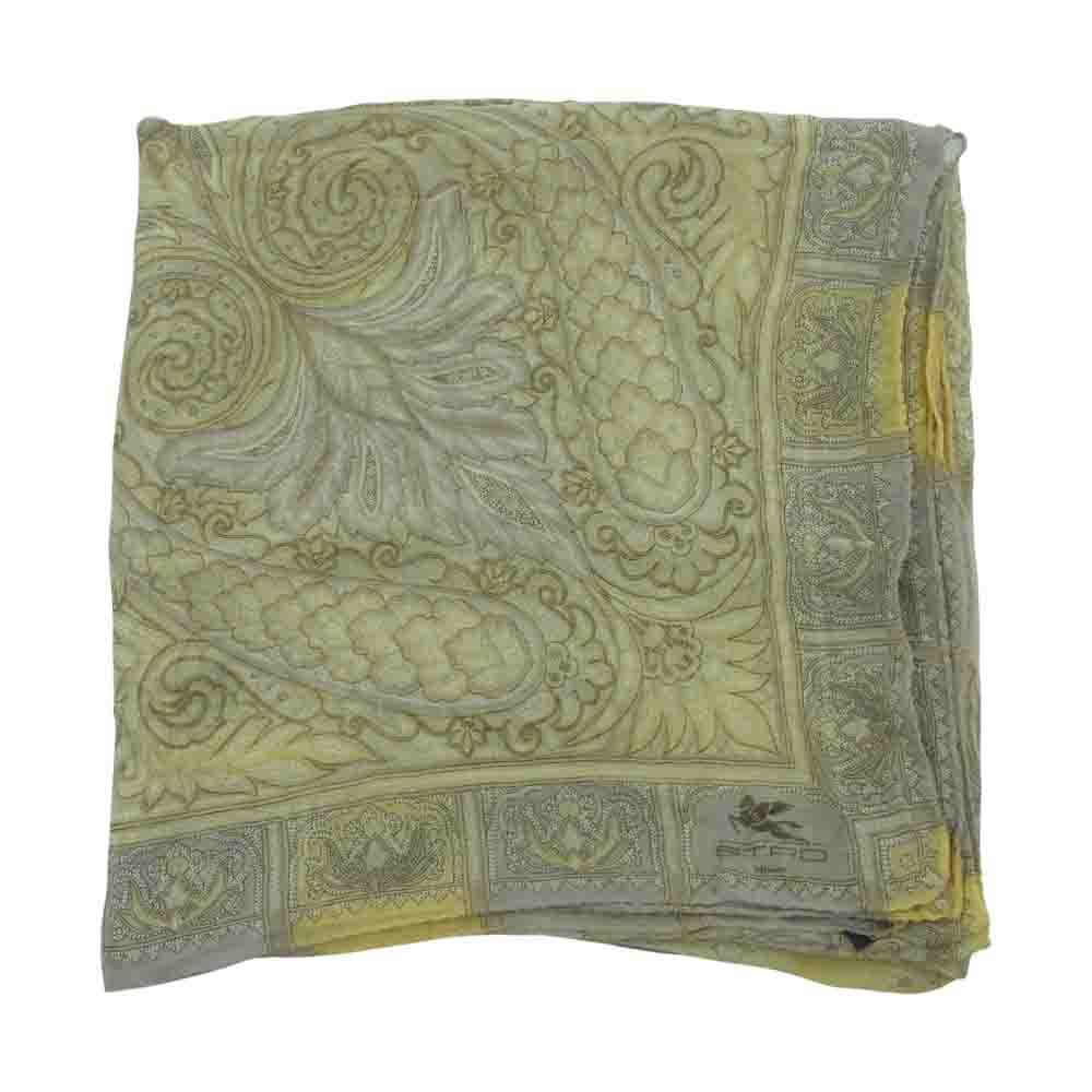 ETRO エトロ ペイスリー シルク100％ 大判 スカーフ イタリア製 イエロー系 グレイッシュベージュ系【中古】