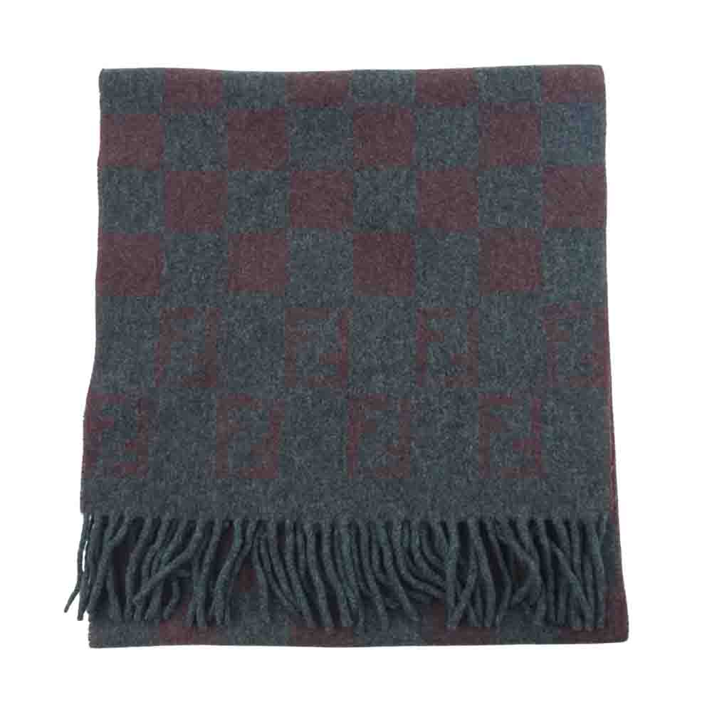 FENDI フェンディ ズッカ柄 ブロックチェック ウール マフラー イタリア製 グレー系 ワインレッド系【中古】