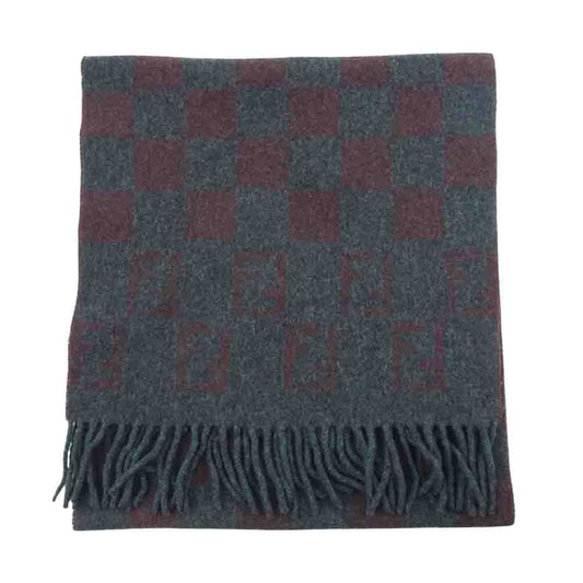 FENDI フェンディ ズッカ柄 ブロックチェック ウール マフラー イタリア製 グレー系 ワインレッド系【中古】