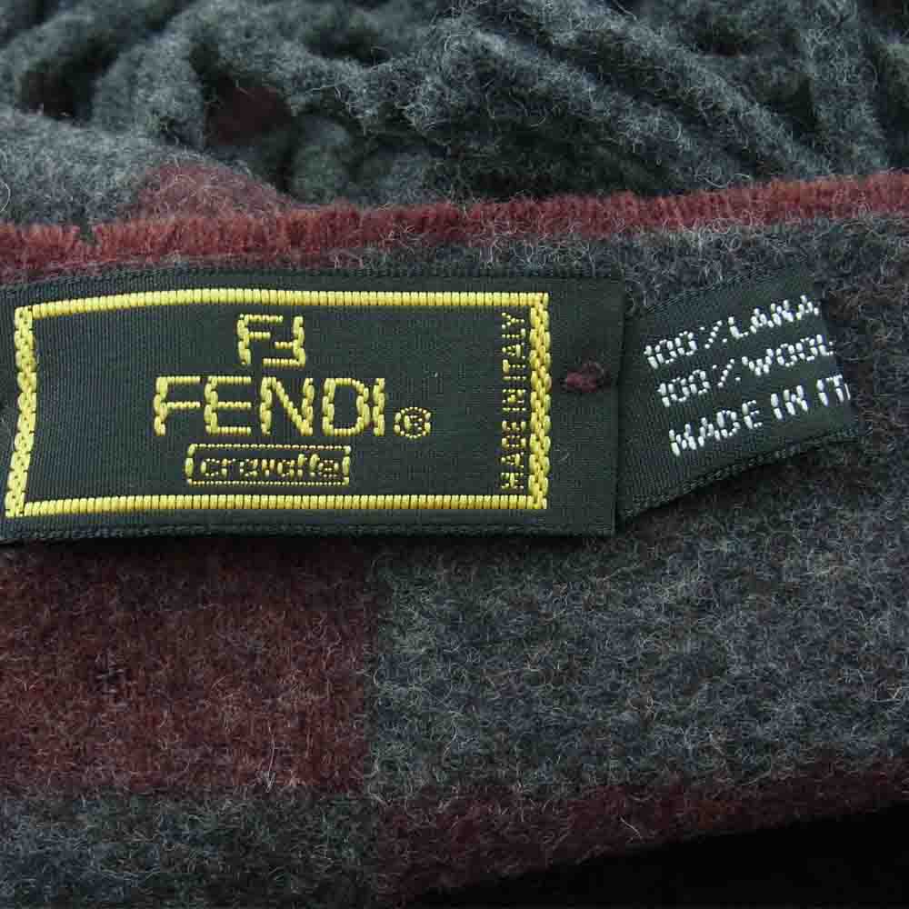FENDI フェンディ ズッカ柄 ブロックチェック ウール マフラー イタリア製 グレー系 ワインレッド系【中古】