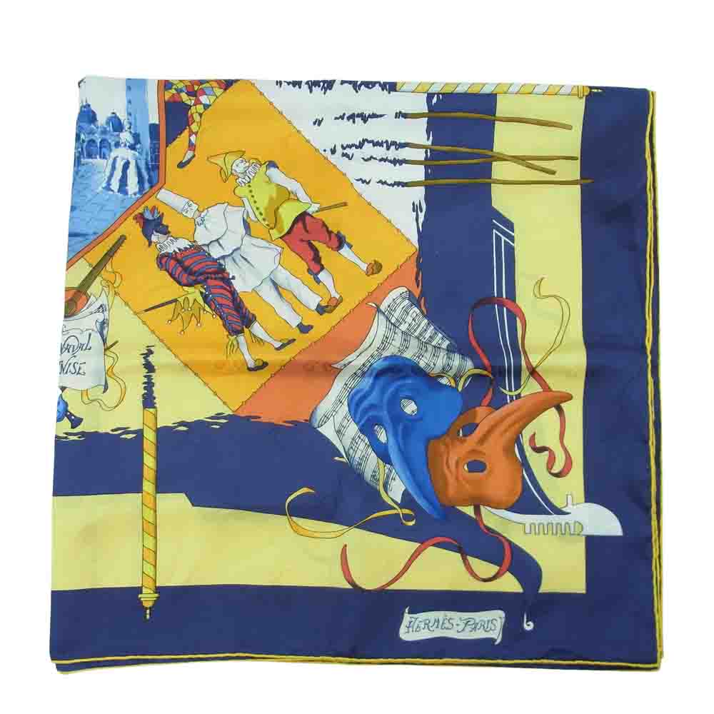 HERMES エルメス カレ90 LE CARNAVAL DE VENISE ベニスのカーニバル シルク スカーフ ネイビー系 イエロー系【中古】