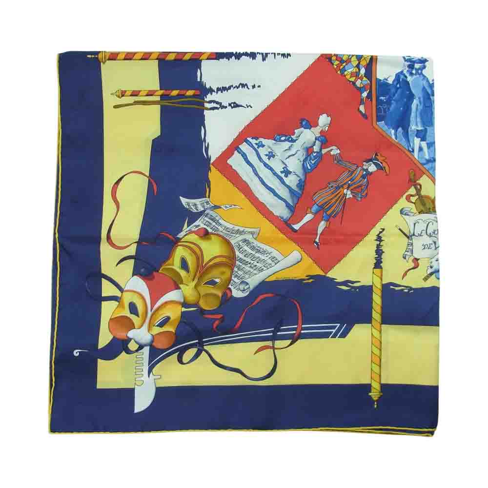 HERMES エルメス カレ90 LE CARNAVAL DE VENISE ベニスのカーニバル シルク スカーフ ネイビー系 イエロー系【中古】