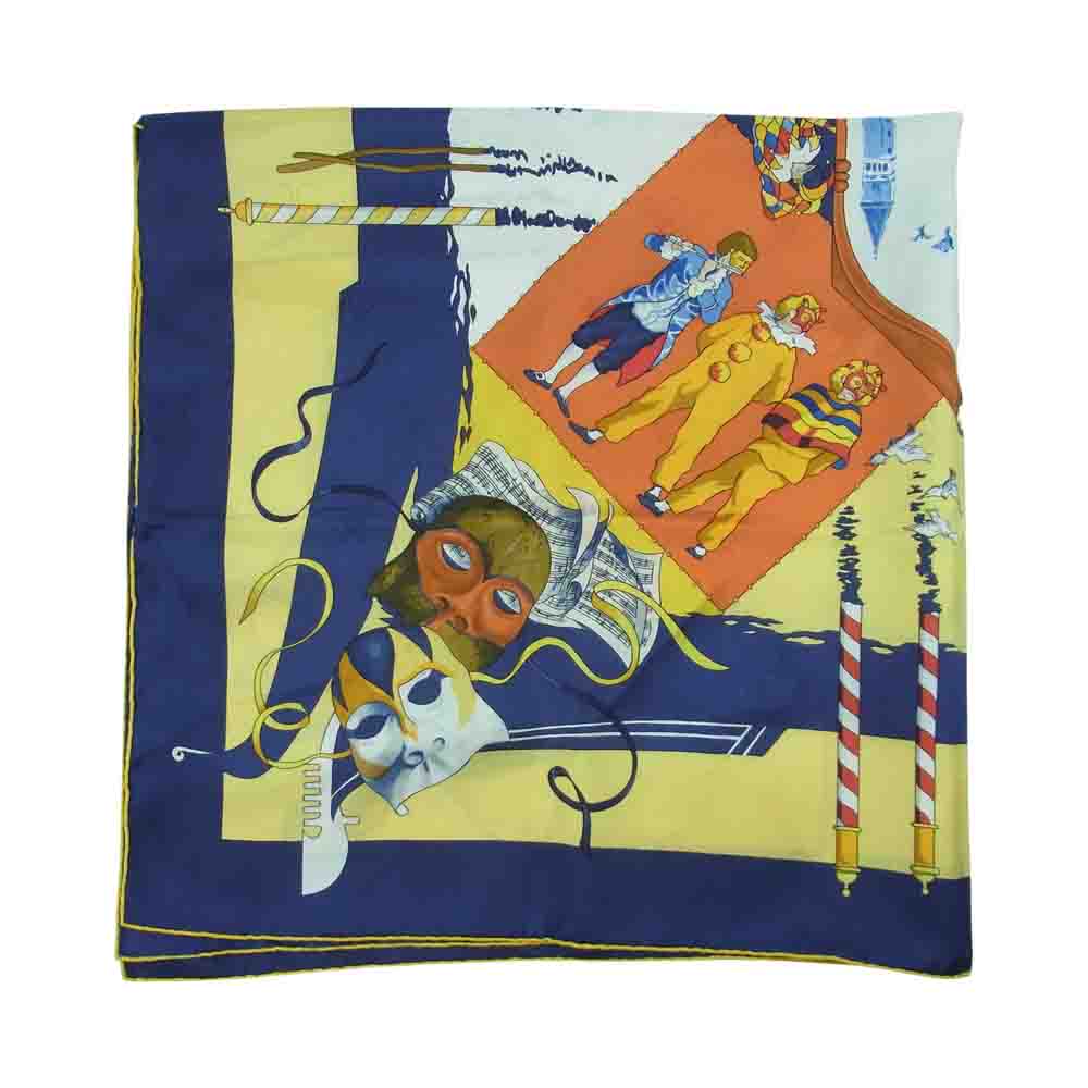 HERMES エルメス カレ90 LE CARNAVAL DE VENISE ベニスのカーニバル シルク スカーフ ネイビー系 イエロー系【中古】