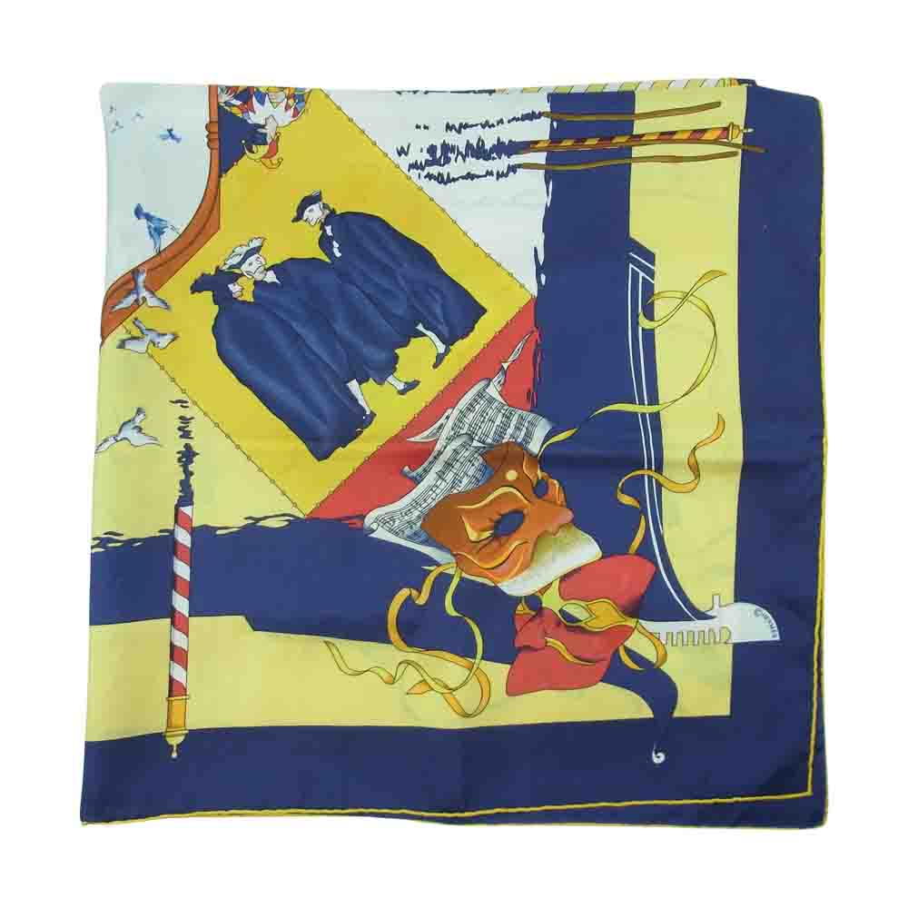 HERMES エルメス カレ90 LE CARNAVAL DE VENISE ベニスのカーニバル シルク スカーフ ネイビー系 イエロー系【中古】