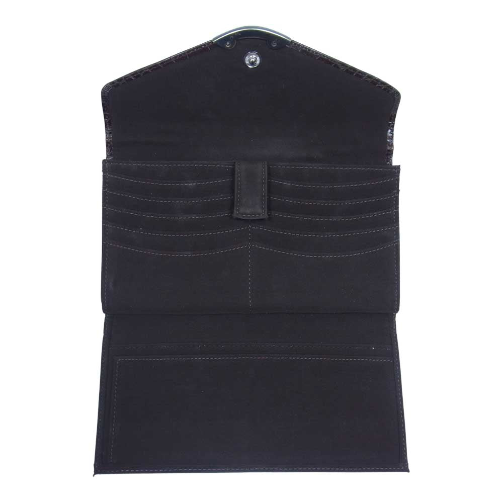 POLO RALPH LAUREN ポロ・ラルフローレン ナイロン 型押し レザー 切替 ロングウォレット 財布 ダークブラウン系【中古】