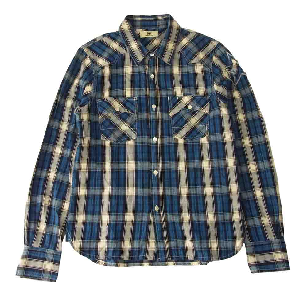 エム WASHED INDIGO CHECK SHIRTS スター チェック 長袖 シャツ ネイビー系 S【中古】