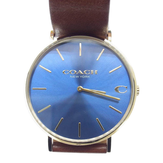 COACH コーチ CA124.2.34.1702 チャールズ Cロゴ レザーベルト アナログ ウォッチ ブラウン系 ネイビー系【中古】