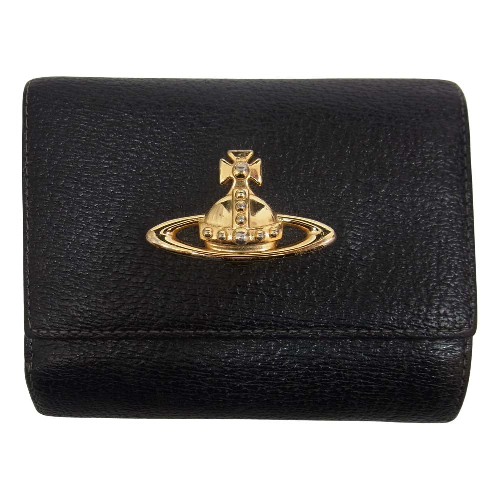 Vivienne Westwood ヴィヴィアンウエストウッド オーブ付き がま口 レザー 二つ折り 財布 ブラック系【中古】