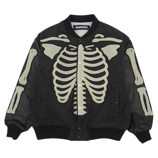 NEIGHBORHOOD ネイバーフッド 21AW 212AQNH-JKM01S VIRSITY JACKET BONE アーム レザー 切替 ボーン デザイン バーシティ ジャケット スタジャン ブラック系 グレー系 M【極上美品】【中古】