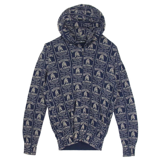 HYSTERIC GLAMOUR ヒステリックグラマー 0131ND06 ガール 総柄 ジップ ニット パーカー ネイビー系 FREE【中古】