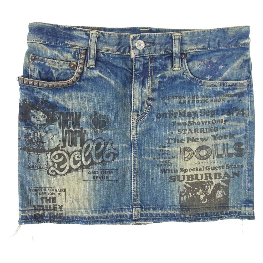 HYSTERIC GLAMOUR ヒステリックグラマー NEWYORK DOLLS ダメージ加工 スタッズ デニム ミニ スカート インディゴブルー系 XS【中古】