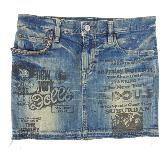 HYSTERIC GLAMOUR ヒステリックグラマー NEWYORK DOLLS ダメージ加工 スタッズ デニム ミニ スカート インディゴブルー系 XS【中古】