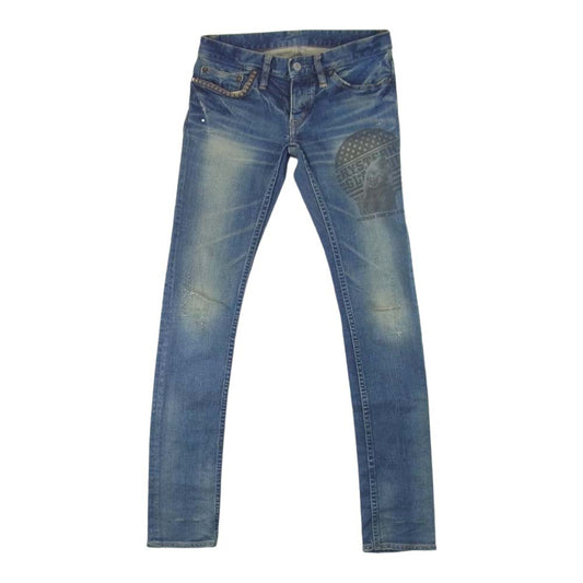 HYSTERIC GLAMOUR ヒステリックグラマー 0193AP11 ダメージ加工 スタッズ ストレッチ スキニー デニム インディゴブルー系 XXS【中古】