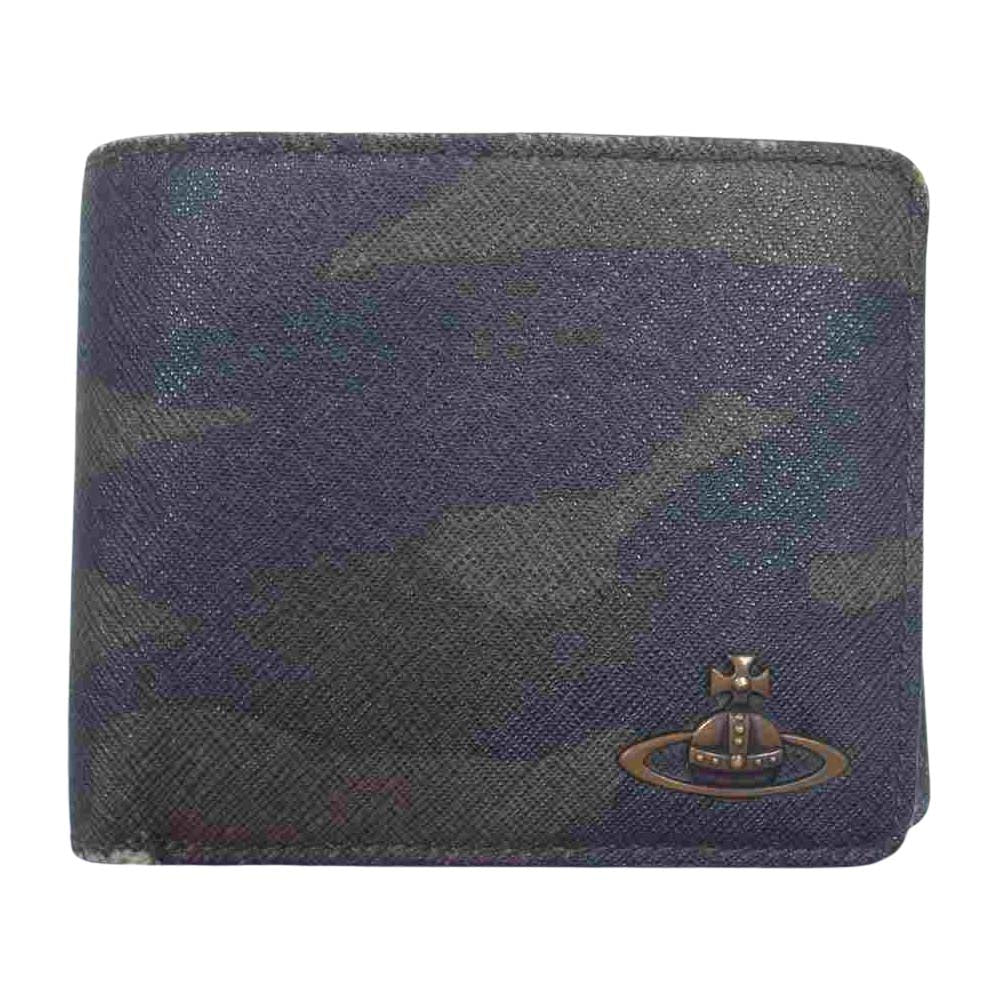 Vivienne Westwood ヴィヴィアンウエストウッド 二つ折り 迷彩 カモフラ レザー ウォレット ブラック系【中古】