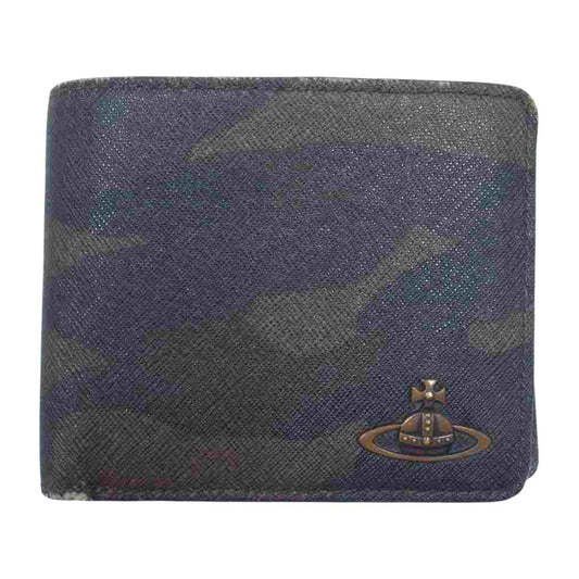 Vivienne Westwood ヴィヴィアンウエストウッド 二つ折り 迷彩 カモフラ レザー ウォレット ブラック系【中古】