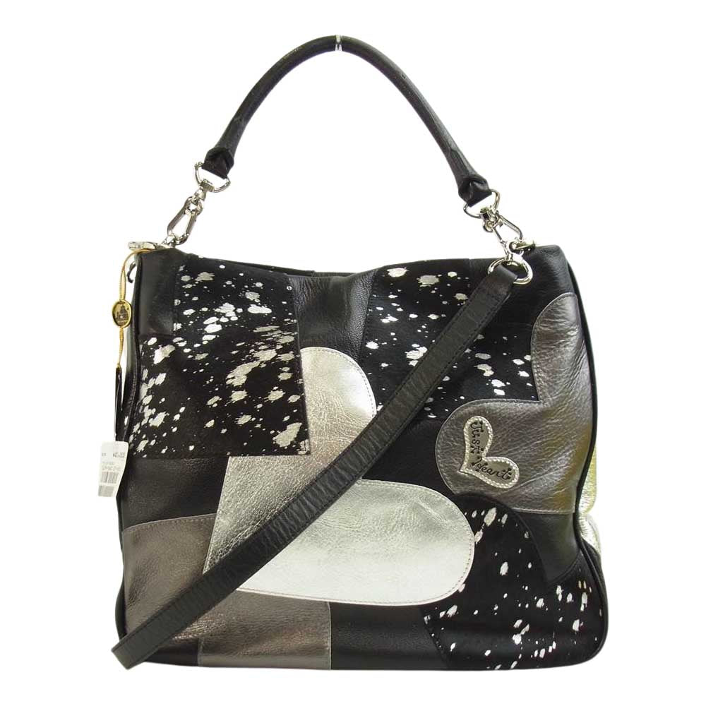 シンクビー A000475 ハート パッチ ハラコ レザー レイラ 2WAY ショルダーバッグ ブラック系【美品】【中古】