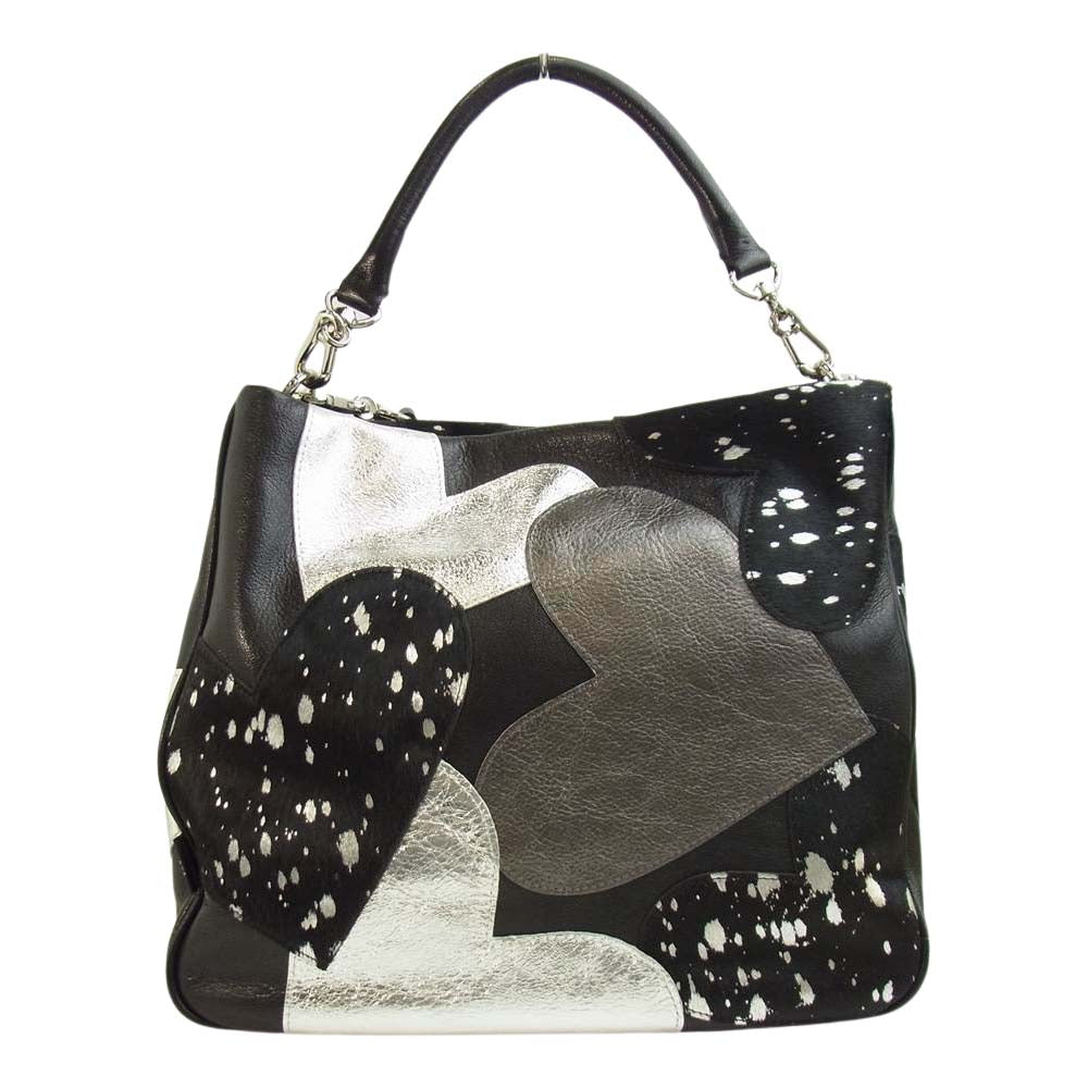 シンクビー A000475 ハート パッチ ハラコ レザー レイラ 2WAY ショルダーバッグ ブラック系【美品】【中古】