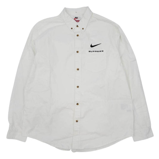 Supreme シュプリーム × NIKE ナイキ 21SS Cotton Twill Shirt ロゴ刺繍 コットン ツイル 長袖 シャツ ホワイト系 M【中古】