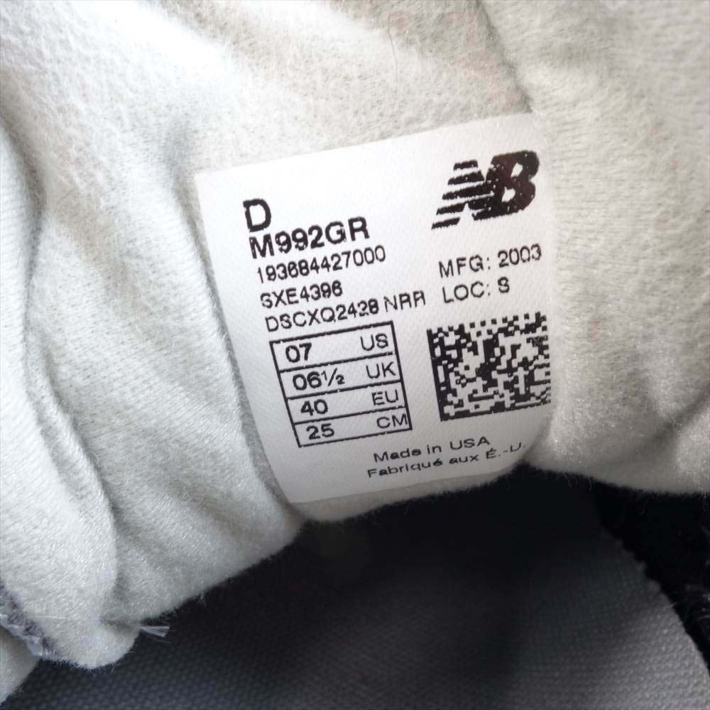NEW BALANCE ニューバランス 992GR USA製 スエード ローカット スニーカー  グレー系 25cm【美品】【中古】