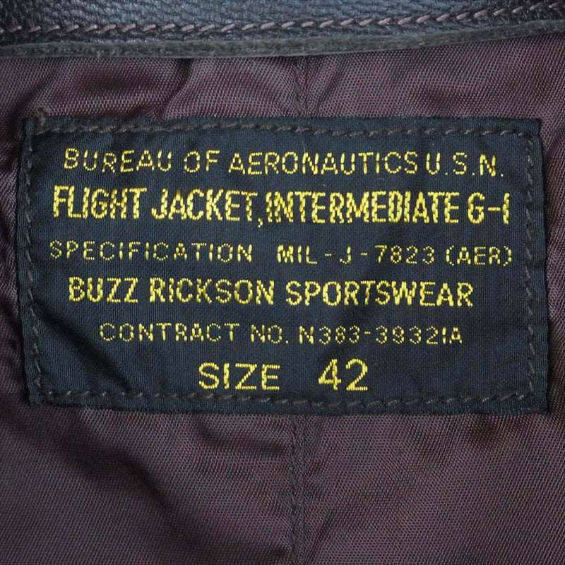 Buzz Rickson's バズリクソンズ BR80145 TYPE Leather Flight Jacket タイプ G-1 レザー フライト ジャケット ダークブラウン系 42【美品】【中古】