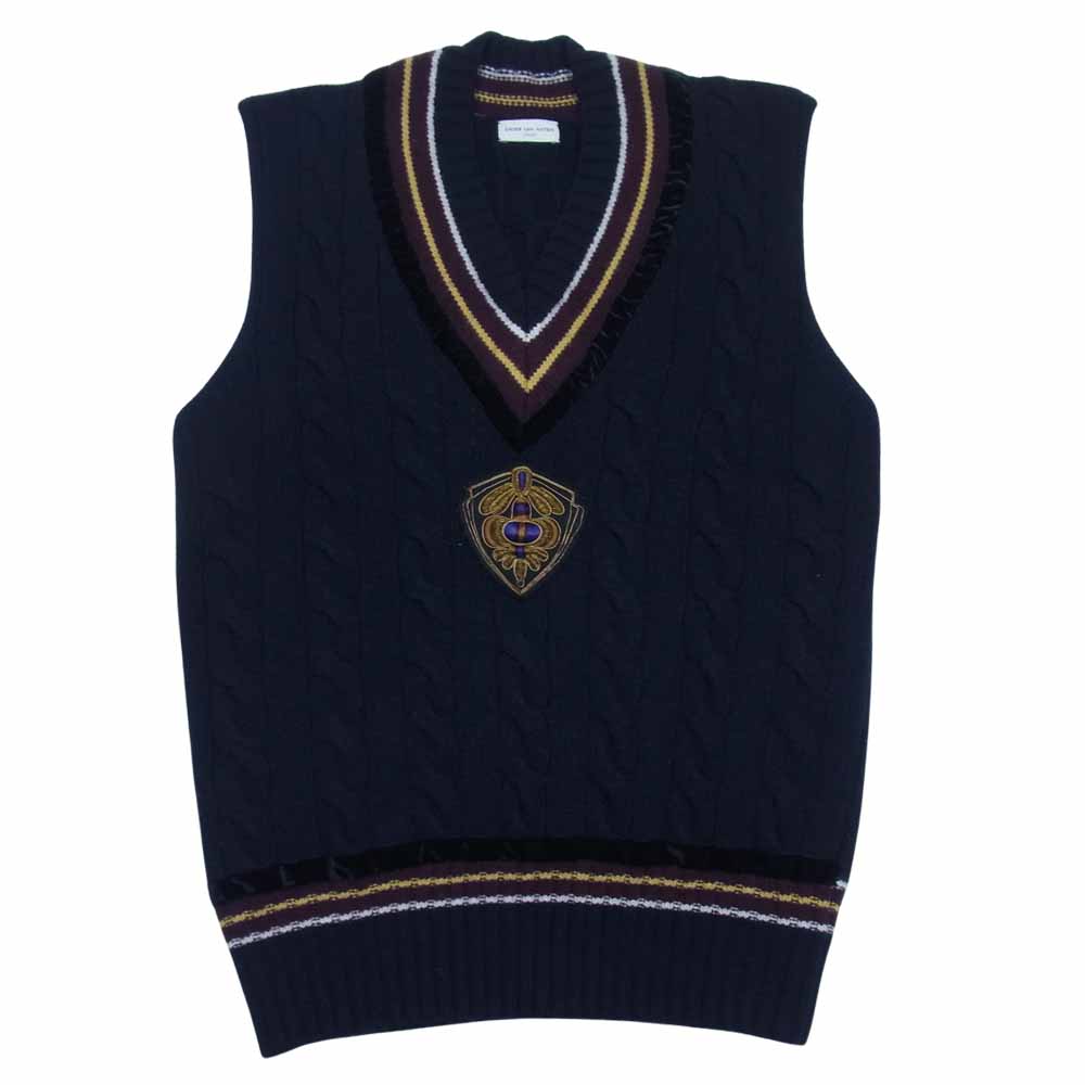DRIES VAN NOTEN ドリスヴァンノッテン 国内正規品 カシミア混 ワッペン刺繍 ノースリーブ Vネック ニット セーター ベスト ネイビー系 S【中古】