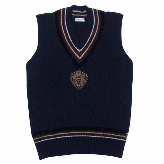 DRIES VAN NOTEN ドリスヴァンノッテン 国内正規品 カシミア混 ワッペン刺繍 ノースリーブ Vネック ニット セーター ベスト ネイビー系 S【中古】