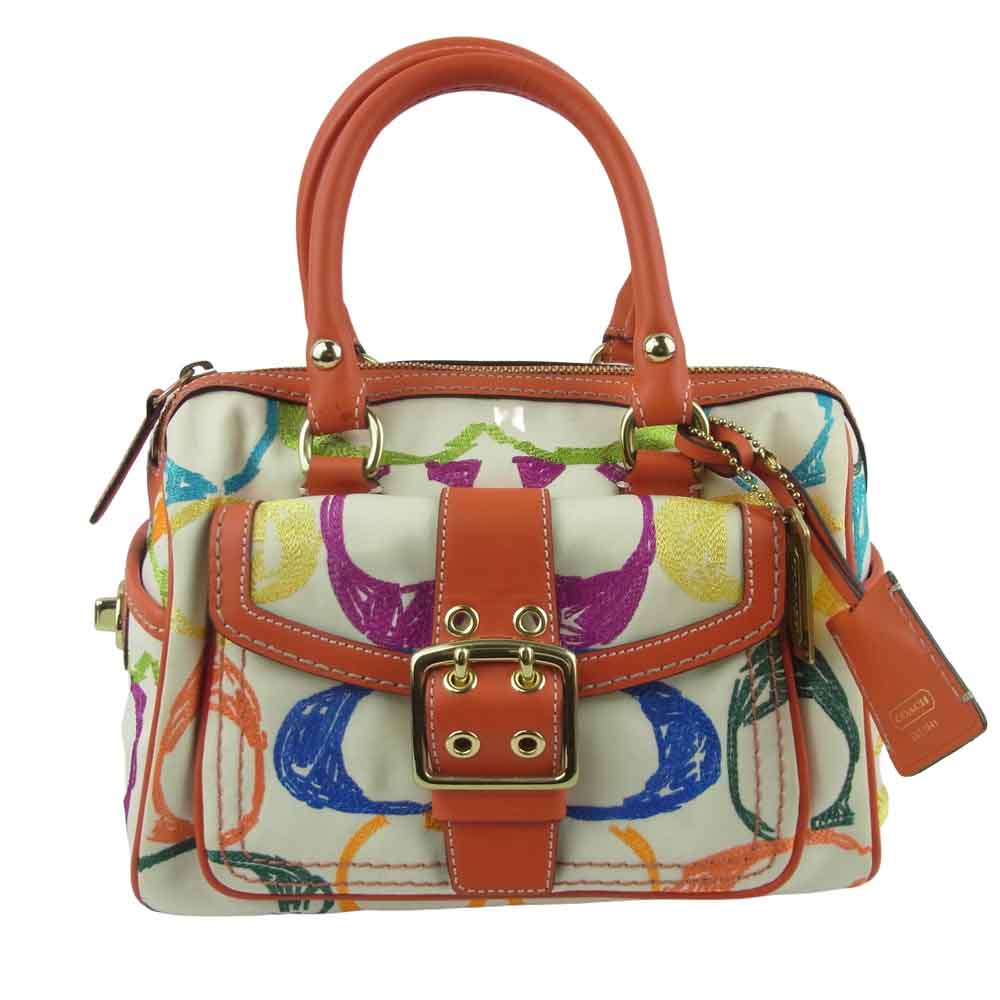 COACH コーチ 1857 シグネチャー ハンド バッグ オフホワイト系 オレンジ系【中古】