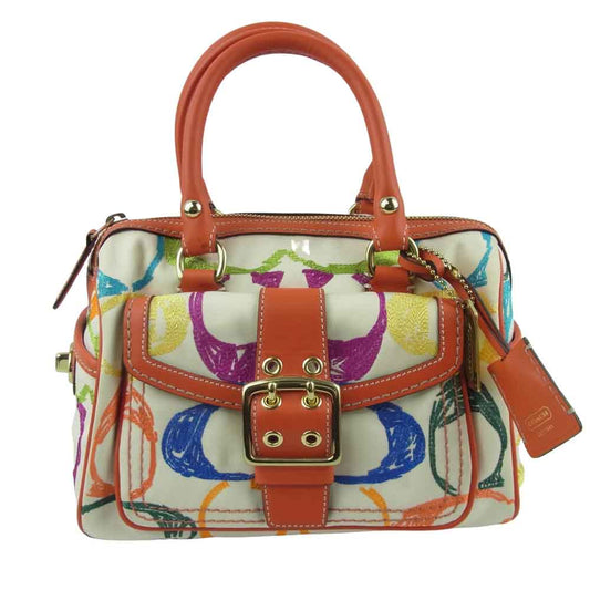 COACH コーチ 1857 シグネチャー ハンド バッグ オフホワイト系 オレンジ系【中古】