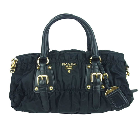 PRADA プラダ BN1407 TESSUTO GAUFRE ギャザー 2way ショルダー ハンド バッグ ブラック系【美品】【中古】