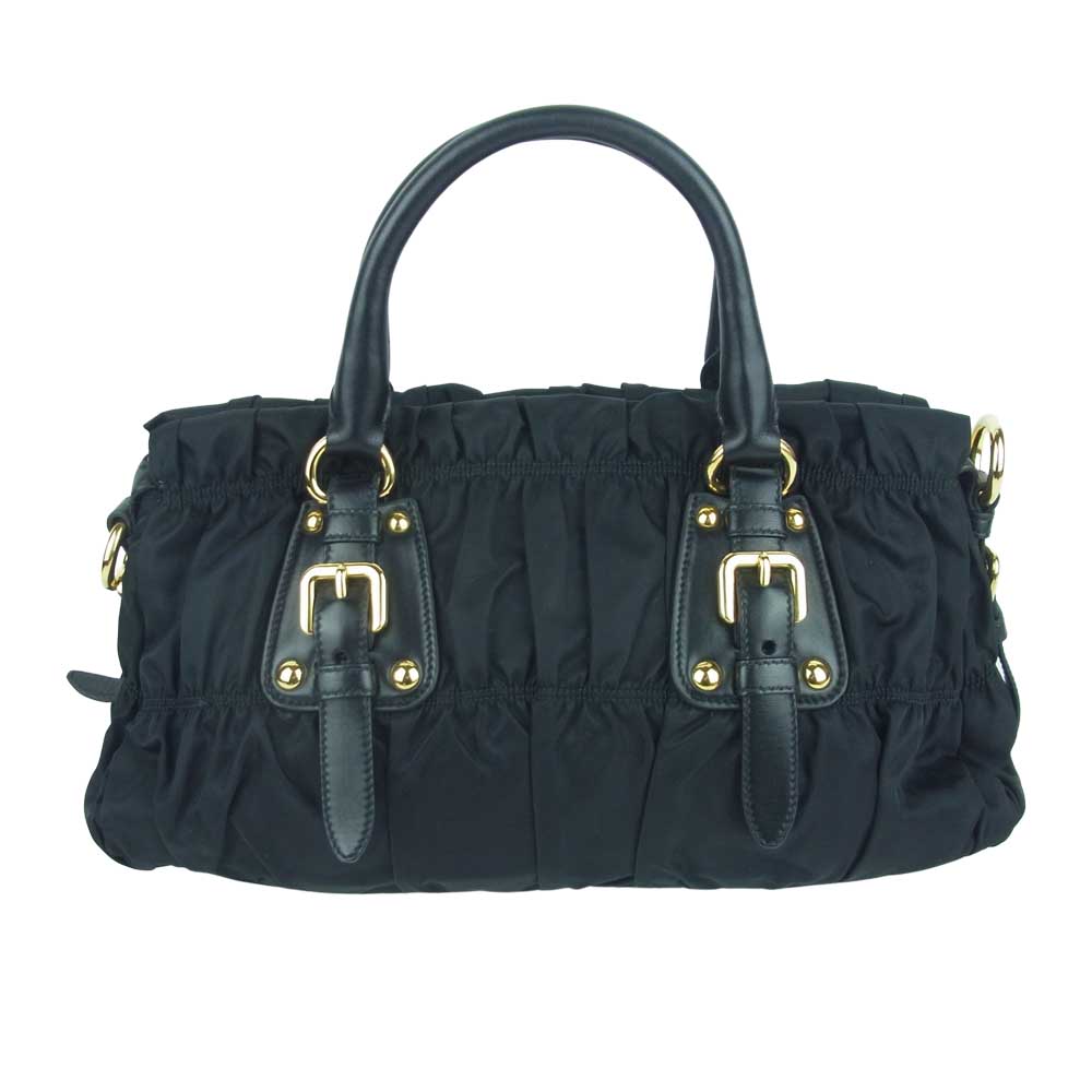 PRADA プラダ BN1407 TESSUTO GAUFRE ギャザー 2way ショルダー ハンド バッグ ブラック系【美品】【中古】